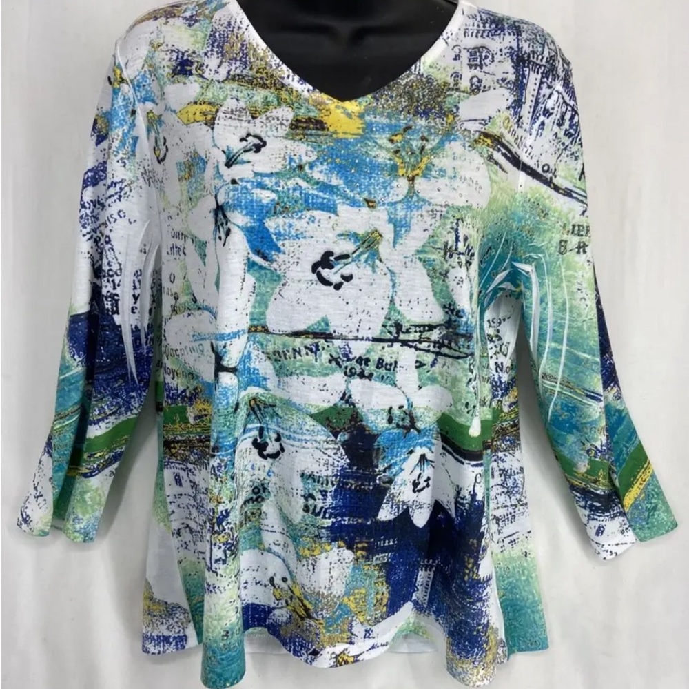 Breckenridge Abstract Floral V-Neck Top - Blue & Green Multi Medium